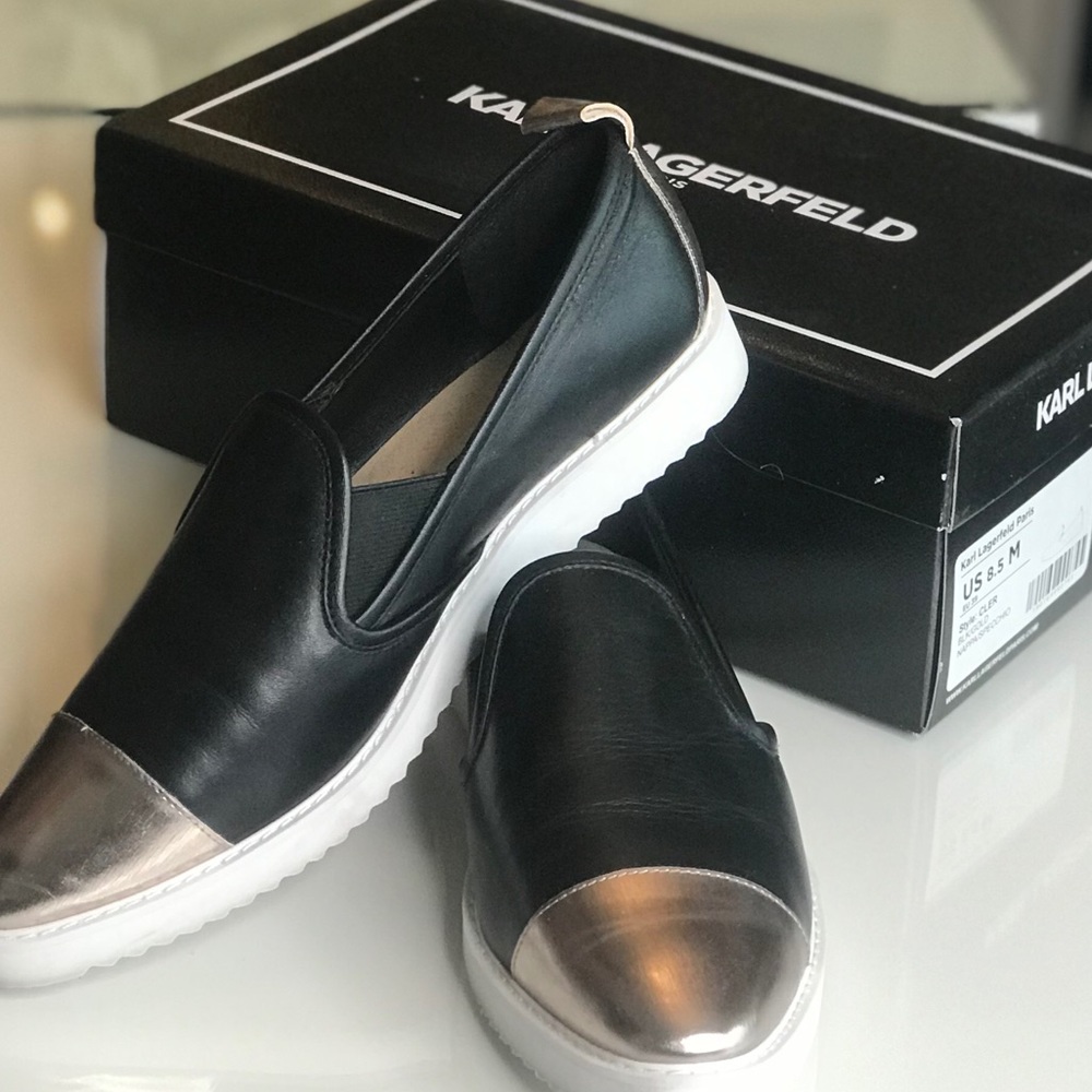 Karl Lagerfeld Paris Leather cap-toe slip on sneaker, Size 8.5M (US)